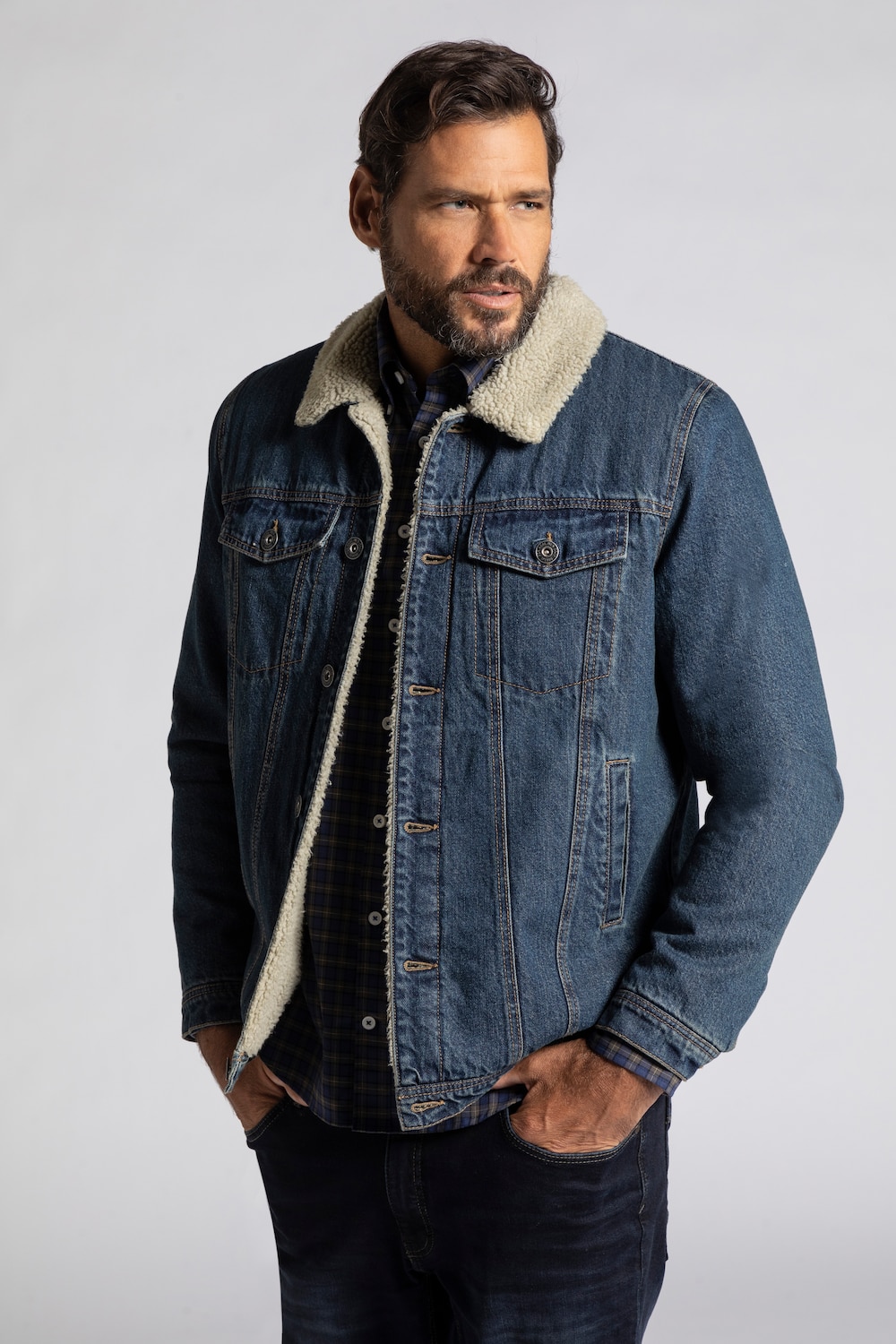 Jeansjacke, Denim, Teddyfutter, Hemdkragen, bis 8 XL