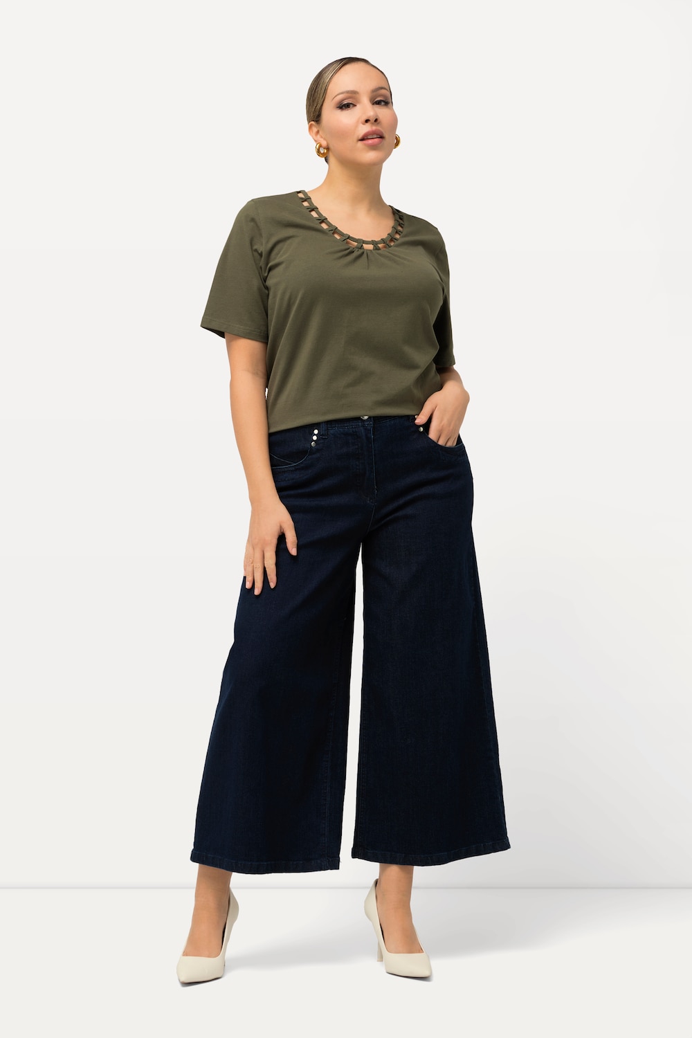 Jeans-Culotte, wadenlang, weites Bein, Marlenehose