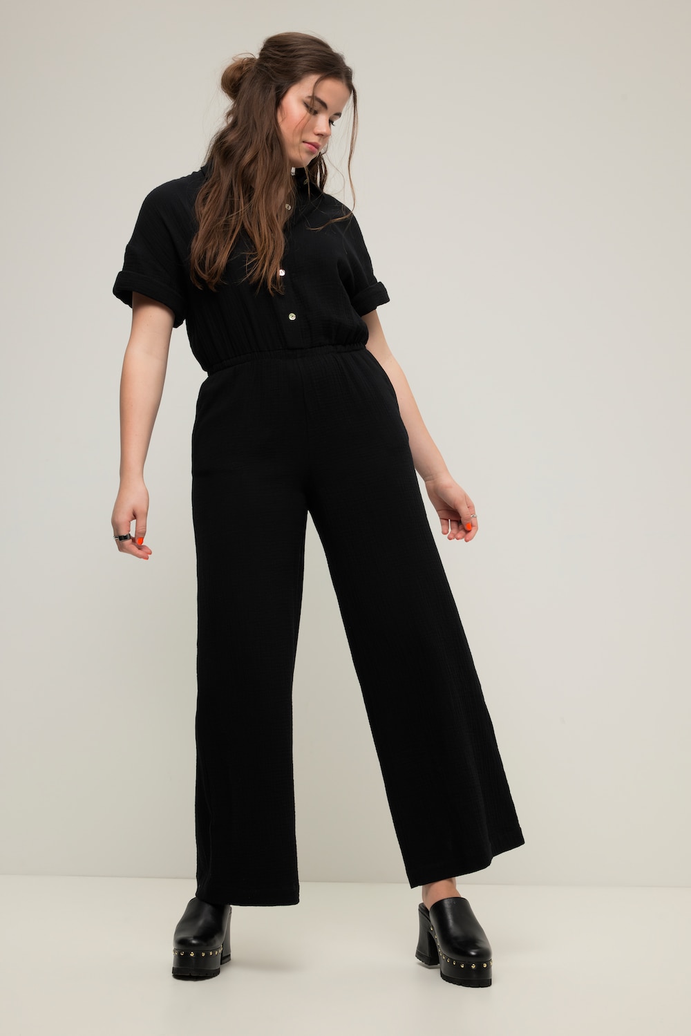 Jumpsuit, Musselin, elastische Taille, Halbarm, weites Bein