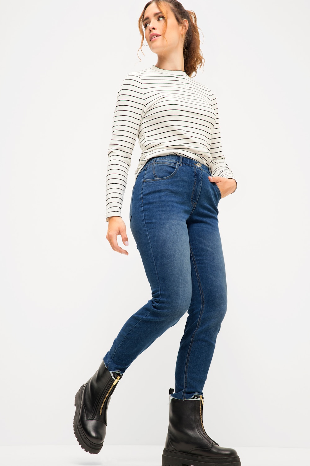 Skinny-Jeans, 5-Pocket, Elastikbund, Fransensaum