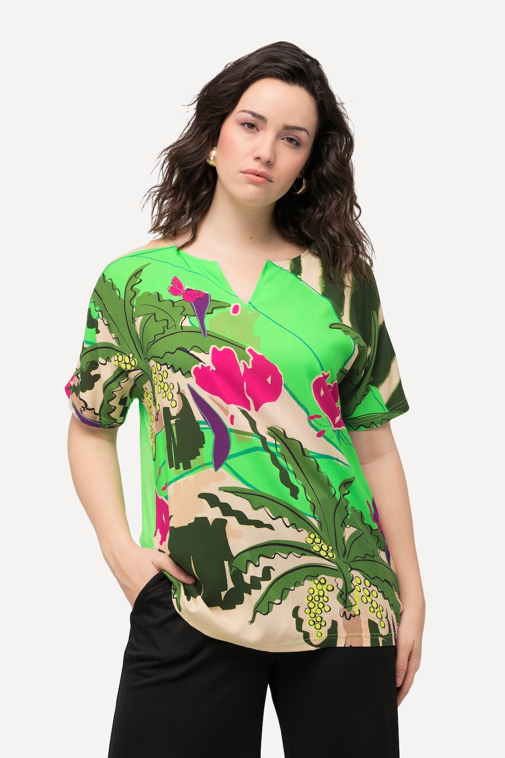 T-Shirt, Palmen, Oversized, Tunika-Ausschnitt, Halbarm